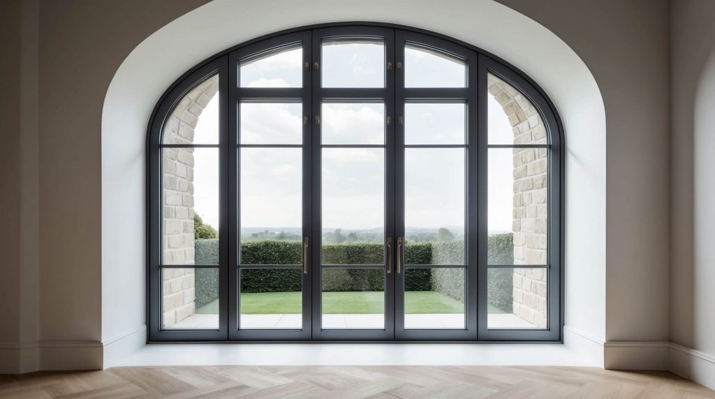 A bespoke arched aluminium window with sleek black frames, providing a clear view of a well-manicured garden and distant hills, set within a traditional stone archway.