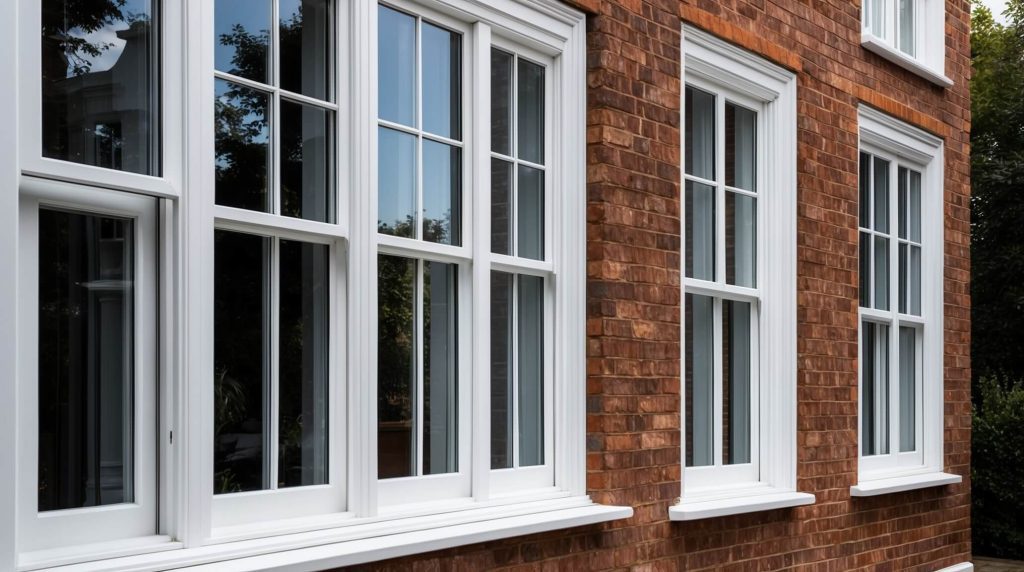 Traditional white vertical sliding sash windows installed on a red brick home, featuring a classic Georgian design that combines modern functionality with timeless architectural charm.