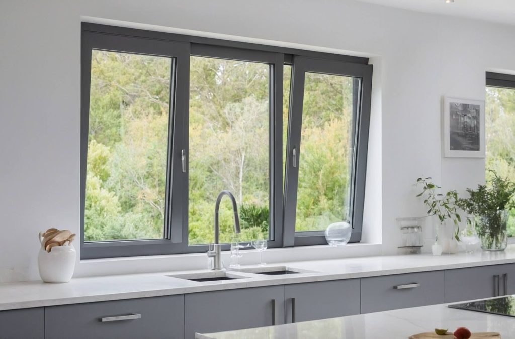 Modern grey aluminium tilt and turn windows in a kitchen, providing secure ventilation and natural light with sleek, contemporary frames.