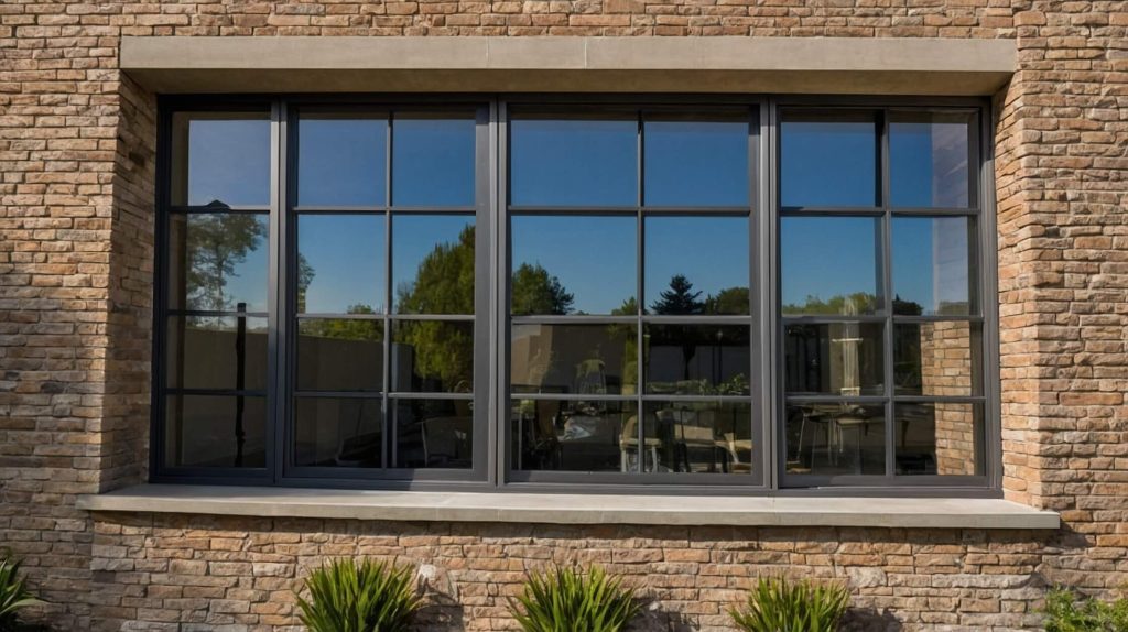 Modern steel-look casement windows with slim black frames set in a stone wall, offering large, clear views and a blend of contemporary design with industrial elegance.