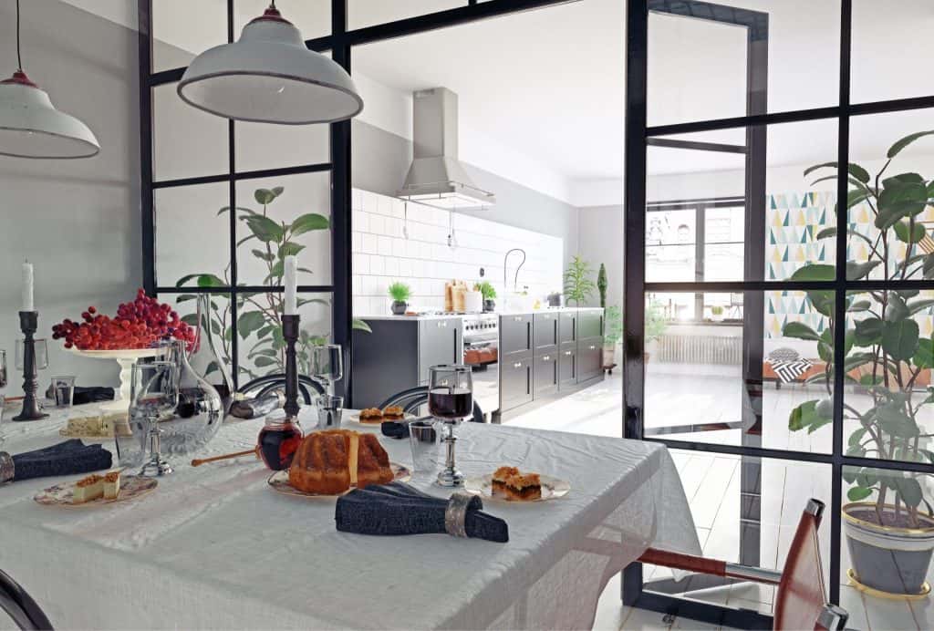 Internal partitions dividing the kitchen and dining space for a modern look.