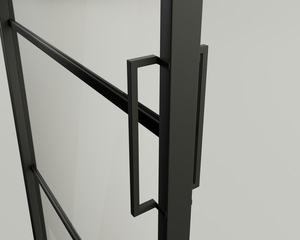 Modern steel look aluminium partition with black frame and handle for office spaces.