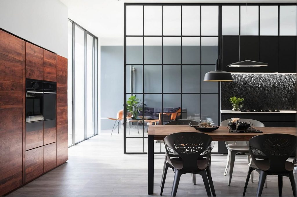 Modern dining space with rich wooden textures and sleek design elements. On the left, a wall of wood panelling houses built-in stainless steel appliances. The room is divided by a black metal grid screen, providing a semi-open view into the adjoining room furnished with mid-century modern chairs and a side table. A wooden dining table is centred in the foreground, accompanied by two stylish black chairs with intricate backrest designs. Above the table hangs a contemporary black pendant light. The space is well-lit, with natural light coming from the large sliding glass doors to the left, and the flooring is a light wood, contributing to the room's open and airy feel.