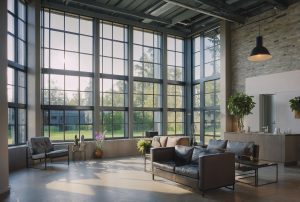 Modern living space with large steel look aluminium windows, stylish black sofas, indoor plants, and abundant natural light.