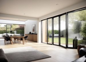 A modern living and dining area with sleek black bifold doors opening to a garden, showcasing a seamless indoor-outdoor connection and abundant natural light.