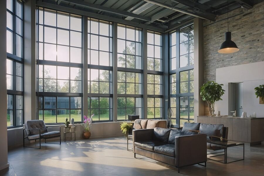 Modern living space with large steel look aluminium windows, stylish black sofas, indoor plants, and abundant natural light.