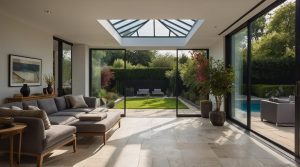 Modern lounge with Aliver Roof Lantern, large glass doors, and a view of a landscaped garden in a UK home during summer.