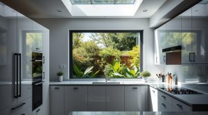 A contemporary kitchen with a large fixed-frame picture window positioned above a stainless steel sink, offering a clear view of a garden. The space features white cabinets, marble countertops, and modern appliances, creating a bright and minimalist interior.