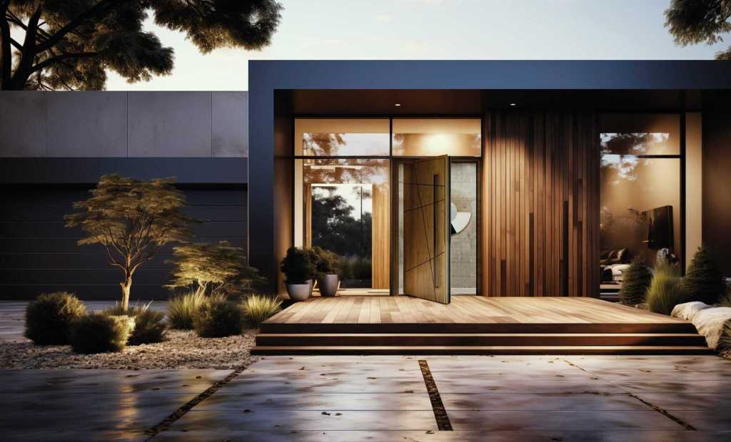 Contemporary aluminium pivot entrance door with glass panels and wooden accents.