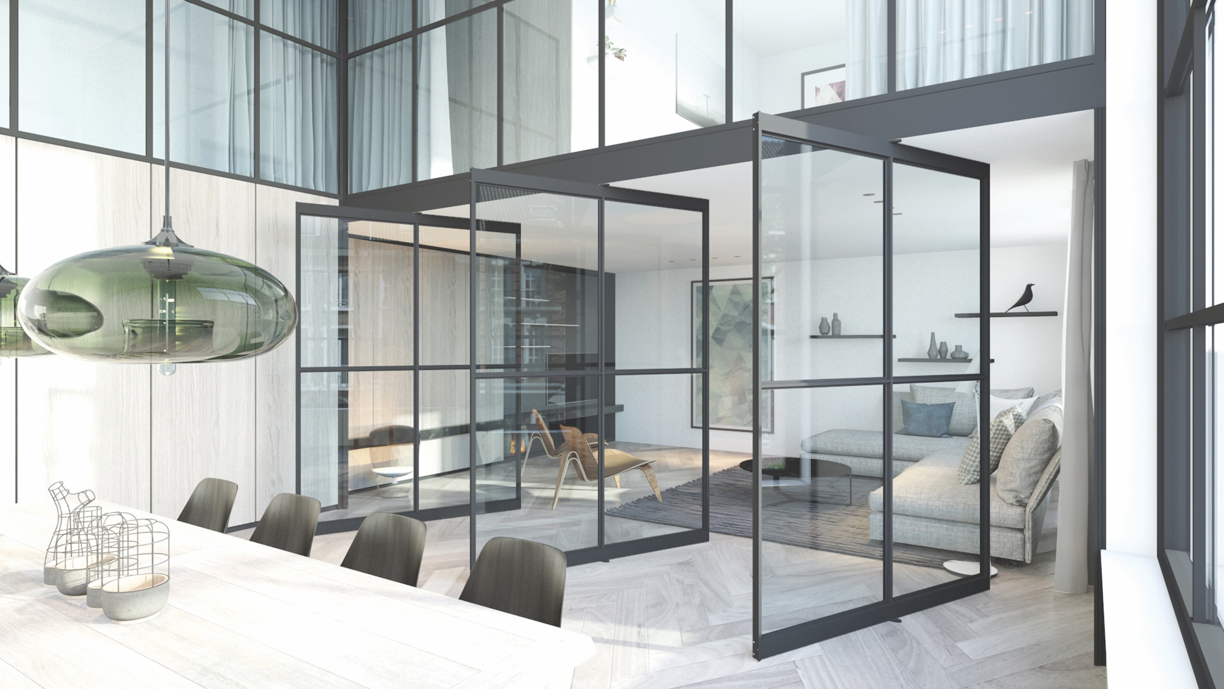 Contemporary open-plan office space with slim black aluminium pivot doors and matching fixed screens in a steel-look grid design.
