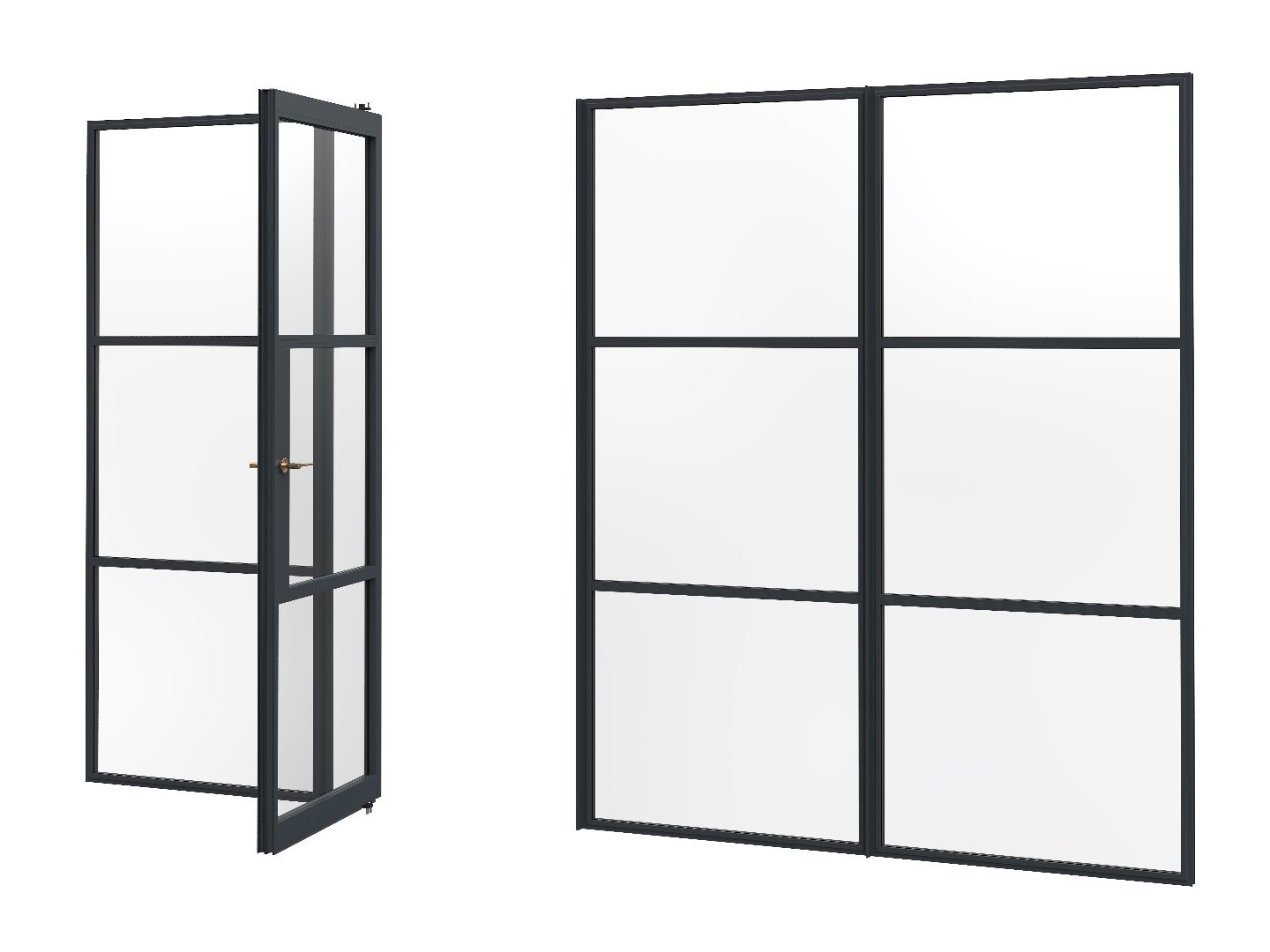 Slimline black aluminium internal hinged door and fixed screen with steel-look grid frame on a white background.