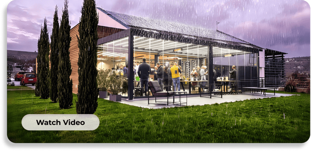 Aluminium louvered pergola waterproof rain protection demonstration