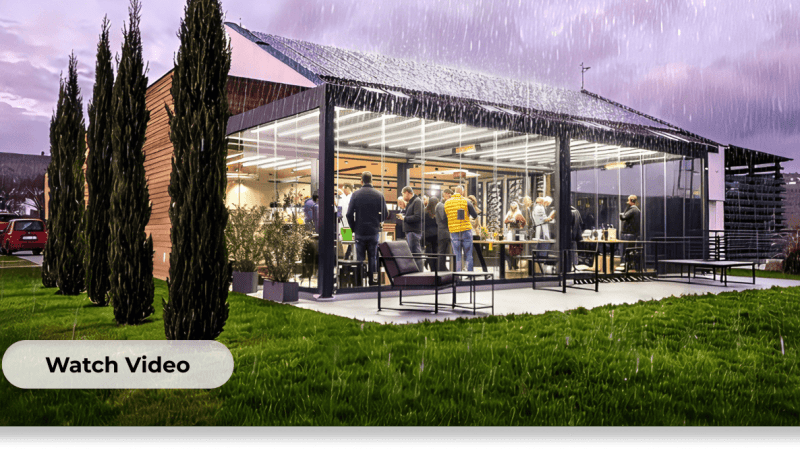 Aluminium louvered pergola waterproof rain protection demonstration